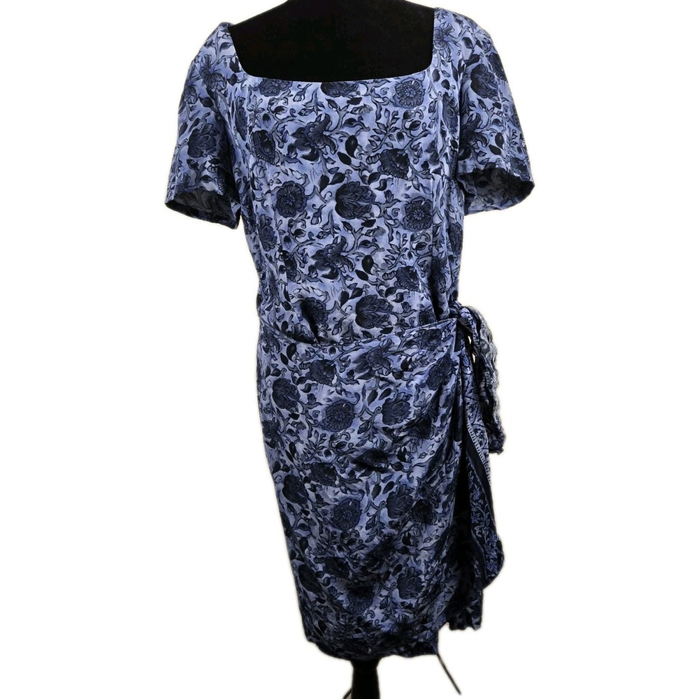 Diane Buchman Women's Silk Dress 16 Floral Blue & Navy Vintage Wrap Around